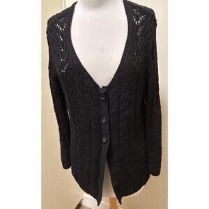 Talbots Black Cable Knit Cardigan Sweater Button-Up V-Neck Women's - Size Med